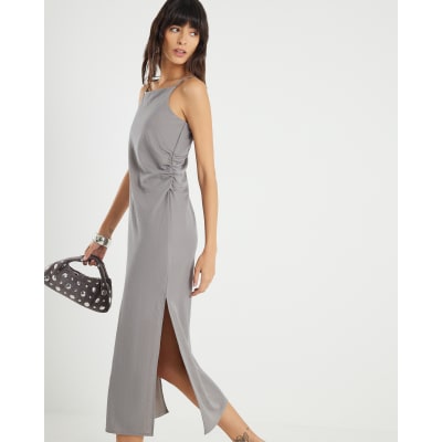 Grey Linen Look Ruched Side Cami Midi Dress