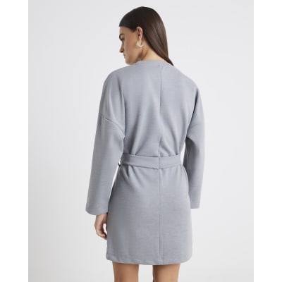 Grey Long Sleeve Belted Sweatshirt Dress