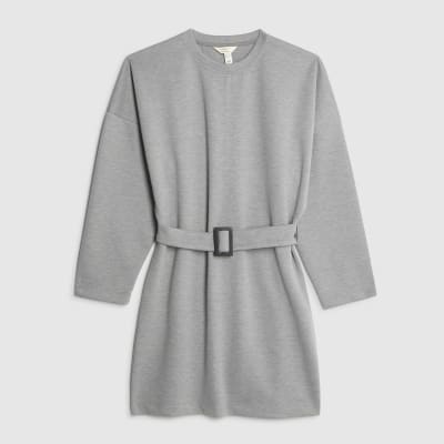 Grey Long Sleeve Belted Sweatshirt Dress