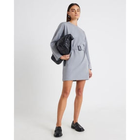 Grey Long Sleeve Belted Sweatshirt Dress