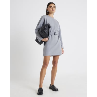 Grey Long Sleeve Belted Sweatshirt Dress