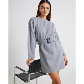 Grey Long Sleeve Belted Sweatshirt Dress