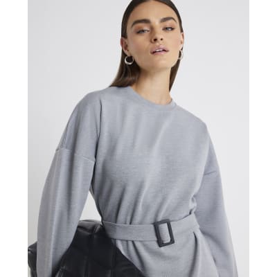 Grey Long Sleeve Belted Sweatshirt Dress