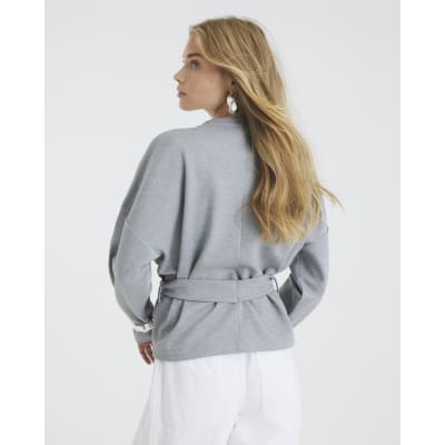 Grey Long Sleeve Belted Sweatshirt