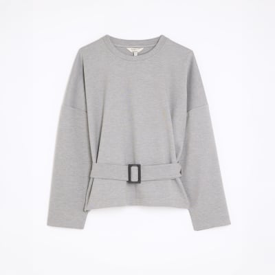Grey Long Sleeve Belted Sweatshirt