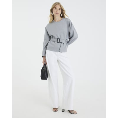 Grey Long Sleeve Belted Sweatshirt