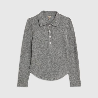 Grey Long Sleeve Polo Top