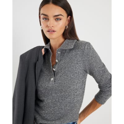 Grey Long Sleeve Polo Top