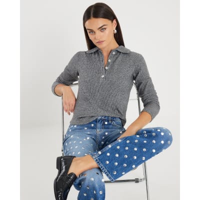 Grey Long Sleeve Polo Top