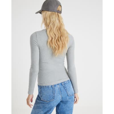 Grey Long Sleeve Popper Through Ribbed Top