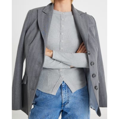 Grey Long Sleeve Popper Through Ribbed Top