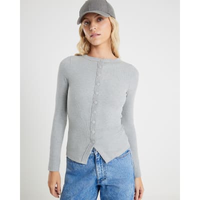 Grey Long Sleeve Popper Through Ribbed Top