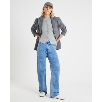 Grey Long Sleeve Popper Through Ribbed Top