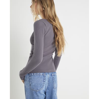 Grey Long Sleeve Popper V Neck Ribbed Top