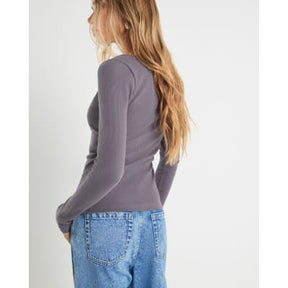 Grey Long Sleeve Popper V Neck Ribbed Top
