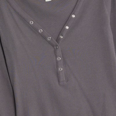 Grey Long Sleeve Popper V Neck Ribbed Top