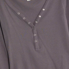 Grey Long Sleeve Popper V Neck Ribbed Top