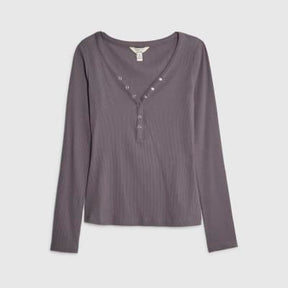 Grey Long Sleeve Popper V Neck Ribbed Top