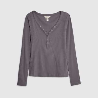 Grey Long Sleeve Popper V Neck Ribbed Top