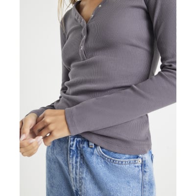 Grey Long Sleeve Popper V Neck Ribbed Top
