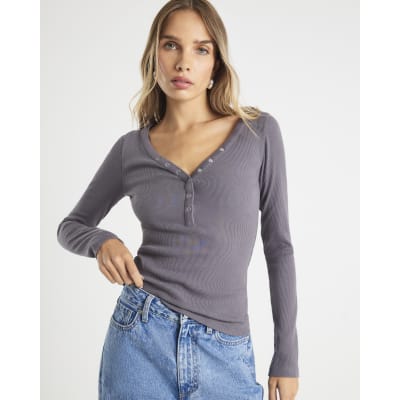 Grey Long Sleeve Popper V Neck Ribbed Top
