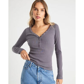 Grey Long Sleeve Popper V Neck Ribbed Top