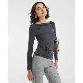 Grey Long Sleeve Ruched Drape Top