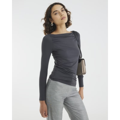 Grey Long Sleeve Ruched Drape Top