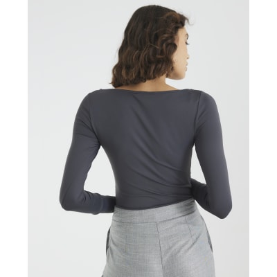 Grey Long Sleeve Ruched Drape Top