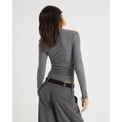 Grey Long Sleeve Ruched Side Ribbed Top
