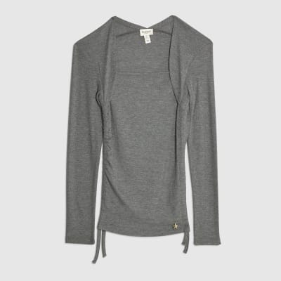Grey Long Sleeve Ruched Side Ribbed Top