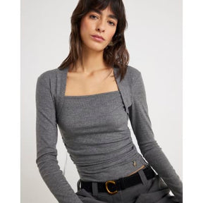 Grey Long Sleeve Ruched Side Ribbed Top