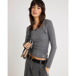 Grey Long Sleeve Ruched Side Ribbed Top