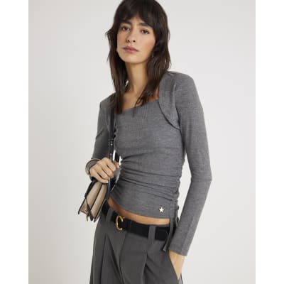 Grey Long Sleeve Ruched Side Ribbed Top