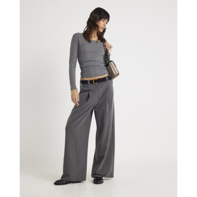 Grey Long Sleeve Ruched Side Ribbed Top