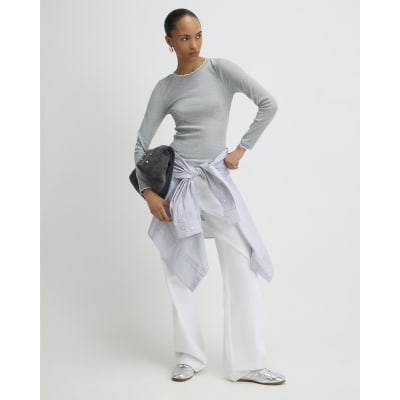 Grey Long Sleeve Scallop Trim Top