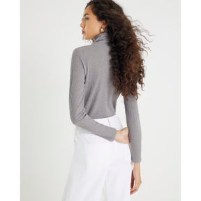 Grey Long Sleeve Scarf Neck Ribbed Top