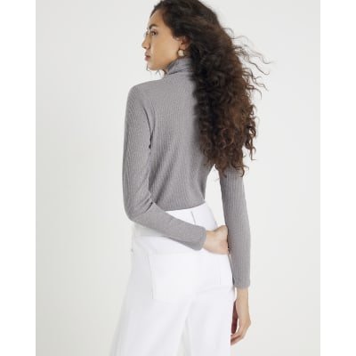 Grey Long Sleeve Scarf Neck Ribbed Top