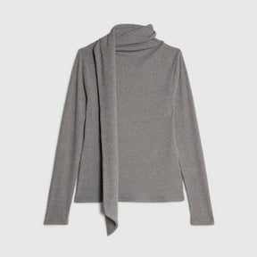 Grey Long Sleeve Scarf Neck Ribbed Top