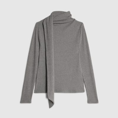 Grey Long Sleeve Scarf Neck Ribbed Top