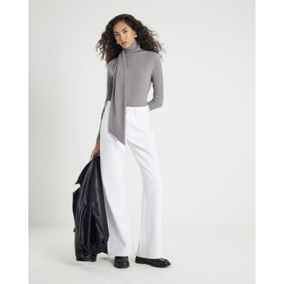 Grey Long Sleeve Scarf Neck Ribbed Top