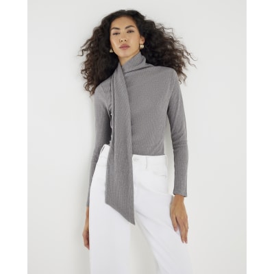 Grey Long Sleeve Scarf Neck Ribbed Top