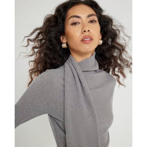 Grey Long Sleeve Scarf Neck Ribbed Top