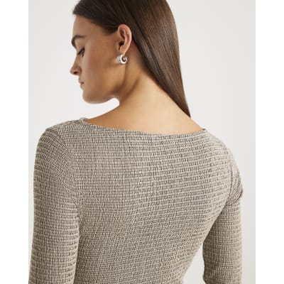 Grey Long Sleeve Textured Twist Front Top