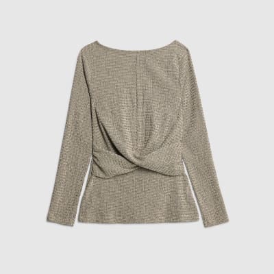 Grey Long Sleeve Textured Twist Front Top