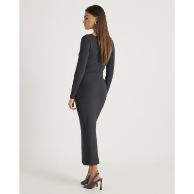 Grey Long Sleeve Twist Front Midi Dress