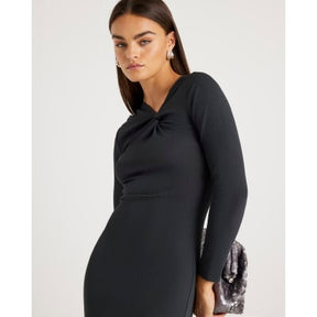 Grey Long Sleeve Twist Front Midi Dress