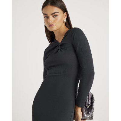 Grey Long Sleeve Twist Front Midi Dress