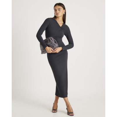 Grey Long Sleeve Twist Front Midi Dress