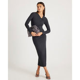 Grey Long Sleeve Twist Front Midi Dress